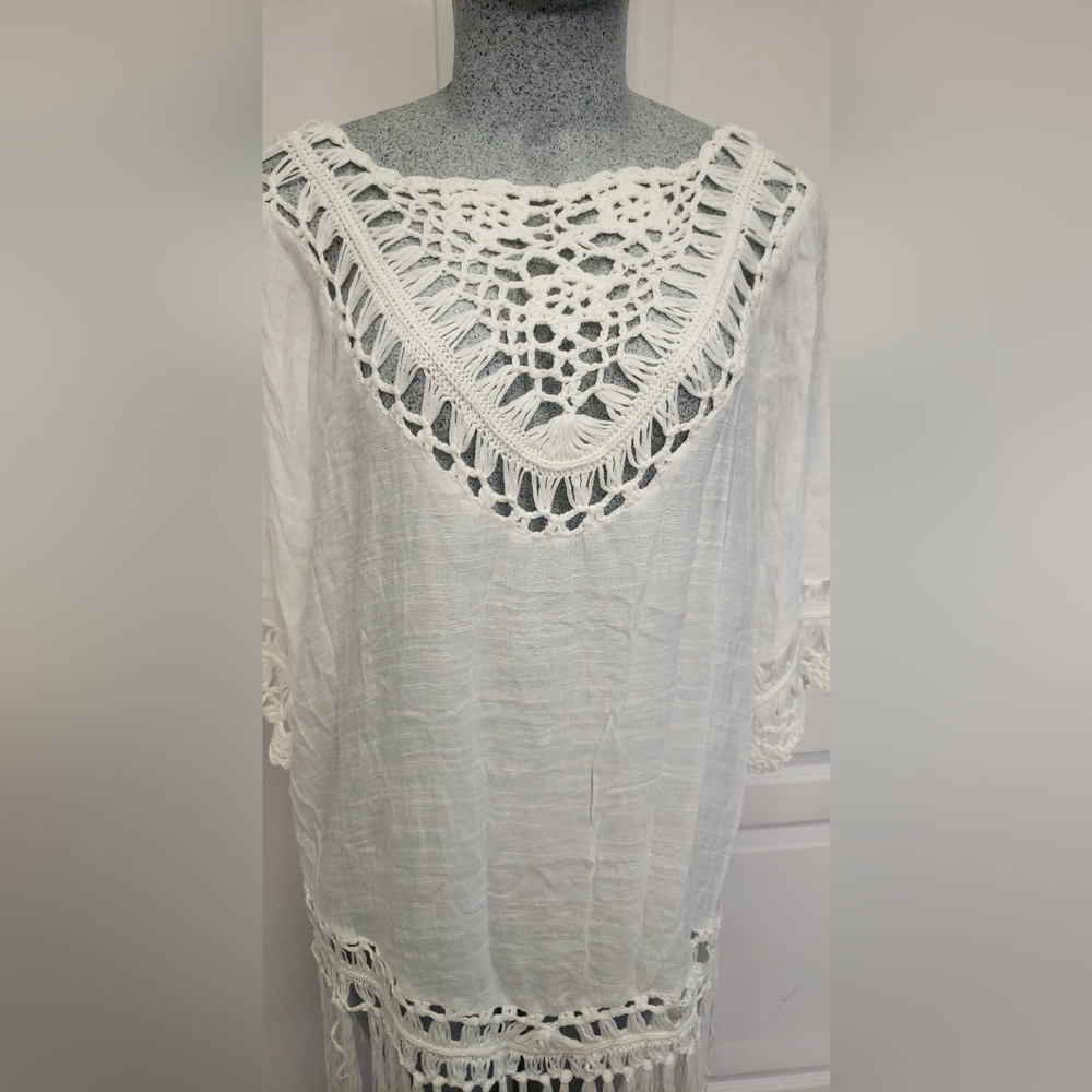 NWOT Boho Crochet Fringe Hem Cover Up Dress White large - Picture 7 of 12